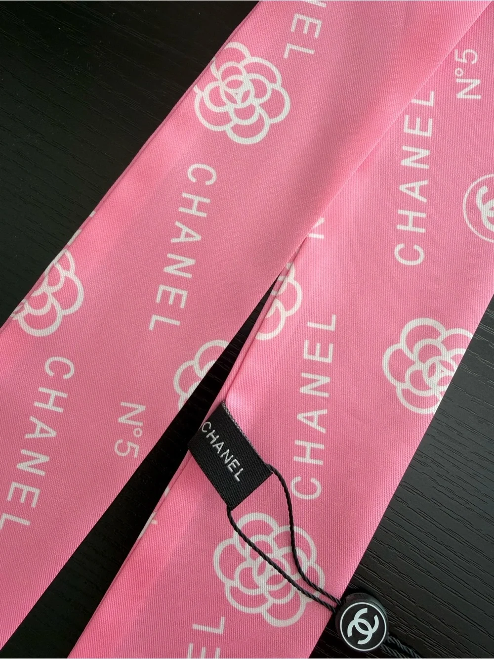 CHANEL Pink Silk Twilly Scarf with Camellia & Logo